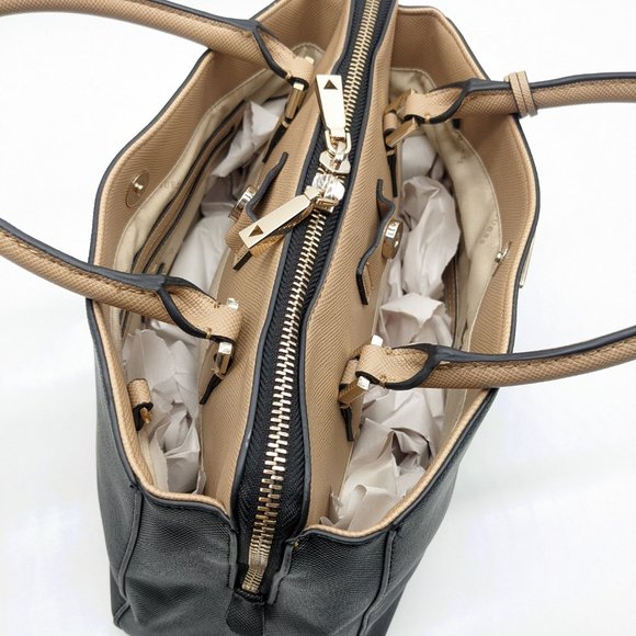 GUESS Ynes Girlfriend saffiano faux-leather satchel bag purse -BLACK/TAN - Picture 8 of 12